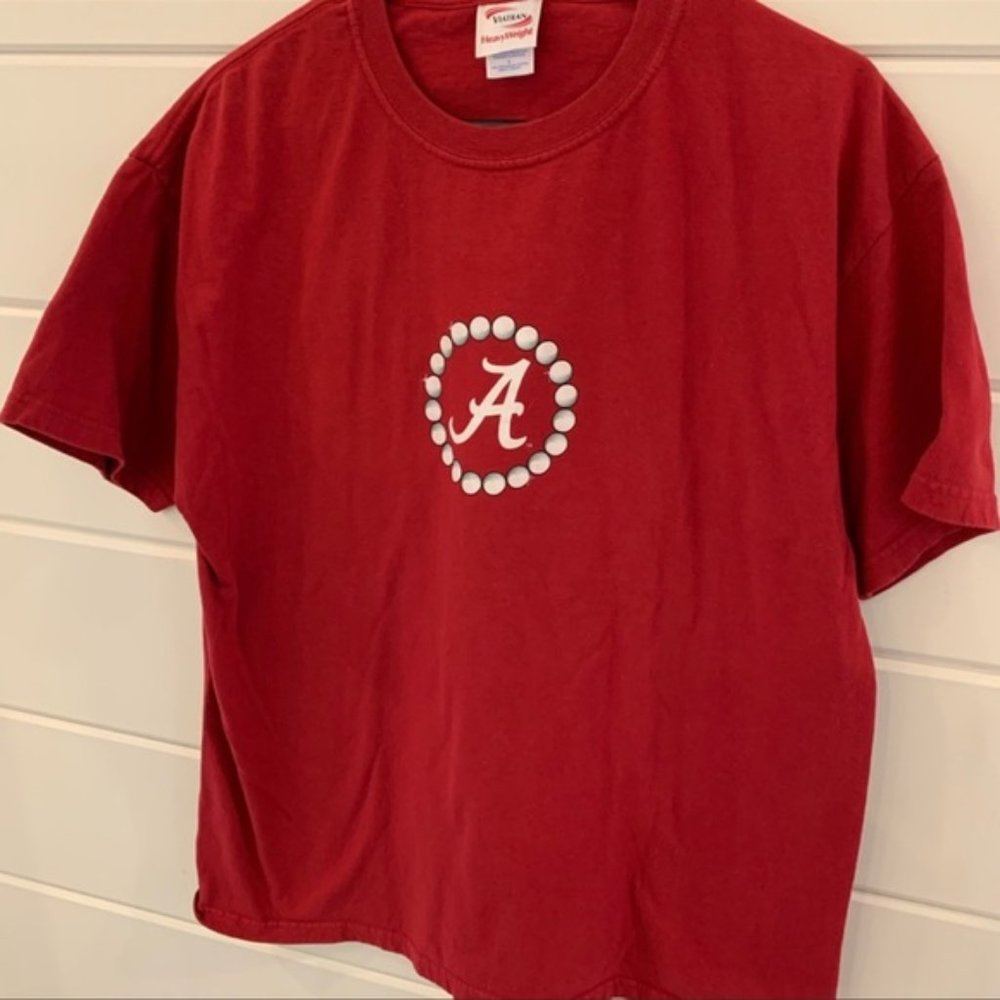 L Alabama T-shirt pearls preloved excellent BAMA girl Roll Tide crimson Viatran - Picture 7 of 7